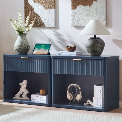 LEYAOYAO 31" Wide Fluted Nightstand Set of 2 with Charging Station, Oversized Extra Large 1 Drawer Night Stand with Golden Handle, Blue Wood Bedside Table Tall End Tables,for Bedroom, Living Room