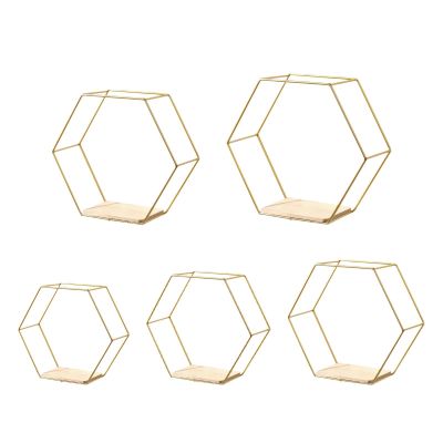 5X Hexagon Iron Wall Mount Shelves Floating Shelf Storage Rack for Small Plants Display, Golden