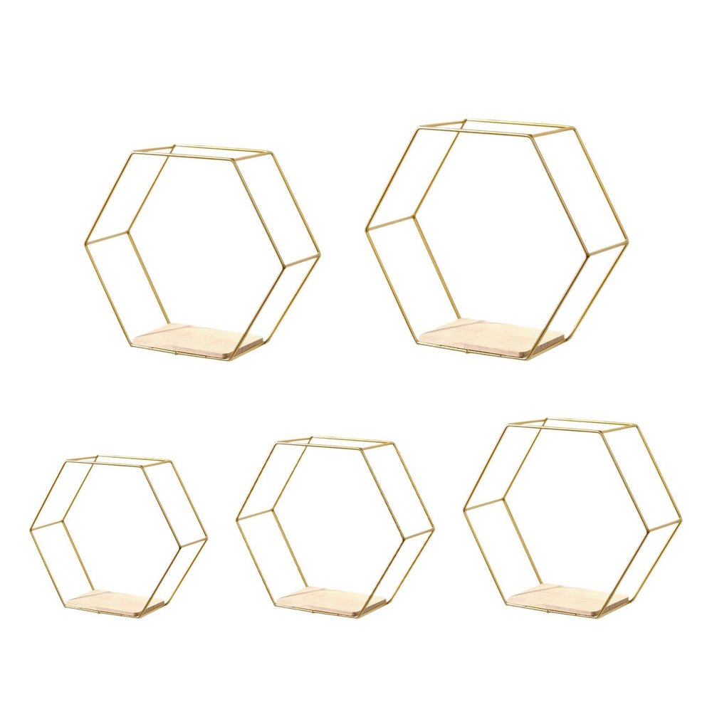 5X Hexagon Iron Wall Mount Shelves Floating Shelf Storage Rack for Small Plants Display, Golden