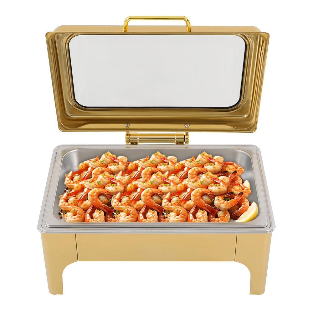 Chafing Dishes for Buffet, 9 QT Square Chafing Dish w/Transparent Hydraulic Lid & Food Pan, Stainless Steel Buffet Warmer for Catering, Parties, Events, Weddings(Gold)