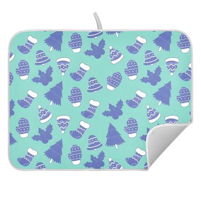 Blue Christmas Tree Dish Drying Mat for Kitchen, Absorbent Microfiber Dishes Drainer Mats, 16x18 Inch