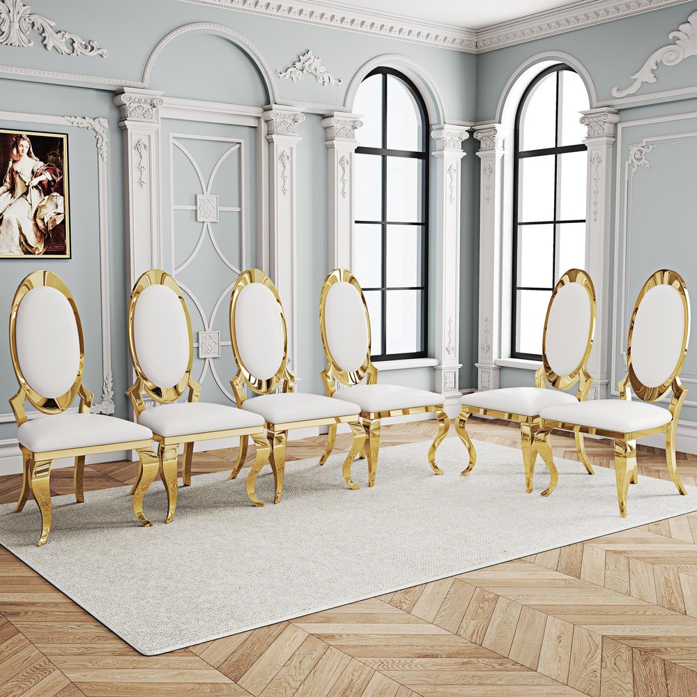 AMHDDT Modern Dining Chairs Set of 6, White Luxury Leather Upholstered with Oval High Back and Mirrored Gold Stainless Steel Legs, Armless Chairs for Kitchen, Living Room or Reception Room