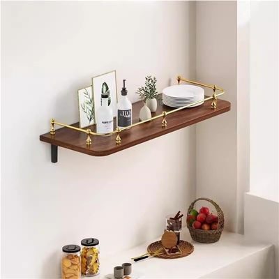 Xyzzlphn Wooden Wall-Mounted Storage Shelves, Vintage Wall Display Rack Decorative Shelf with Gold Guardrail, Simple Floating Organizer Shelves for Living Room Kitchen Bathroom(Brown,80cm/31.5'')