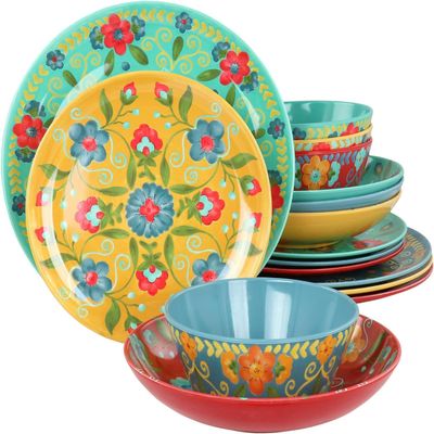 16 Piece Melamine Dinnerware Set Floral Round Plates and Bowls, Lightweight Chip-Resistant Dishes, Colorful Cottage Style Dinner Plates, Dessert Plates, and Bowls, Dishwasher Safe