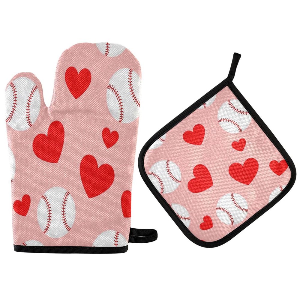 QUGRL Oven Mitts and Pot Holders Set Baseball Hearts Pink Background Kitchen Oven Gloves Hot Pads Heat Resistant Handling Cooking Cookware Bakeware BBQ