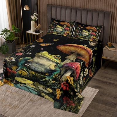 Manfei Cute Frog Bedspread Queen Size,Mushroom Flower Butterfly Coverlet Set 3pcs,Botanical Floral Quilted Coverlet with 2 Pillowcases,Kids Boys Room Decor,Soft Bedding Quilt