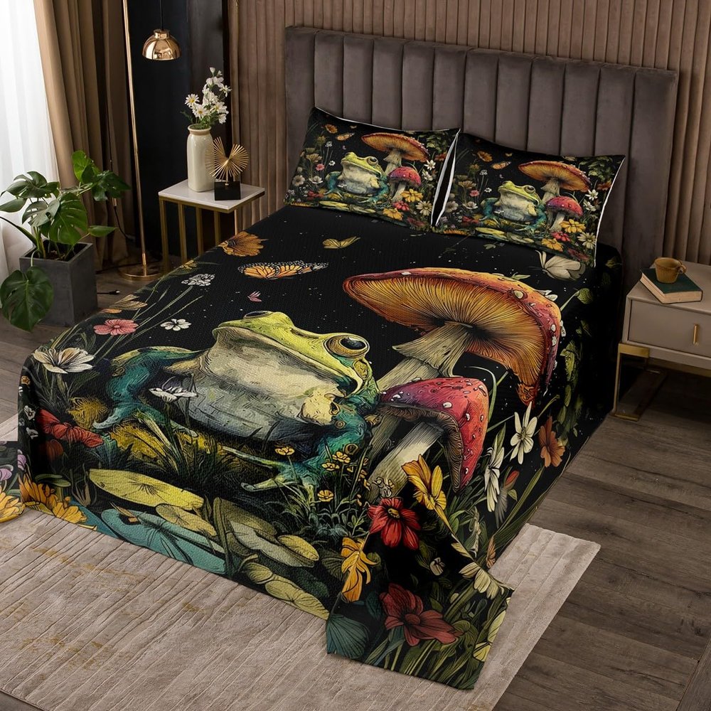 Manfei Cute Frog Bedspread Queen Size,Mushroom Flower Butterfly Coverlet Set 3pcs,Botanical Floral Quilted Coverlet with 2 Pillowcases,Kids Boys Room Decor,Soft Bedding Quilt