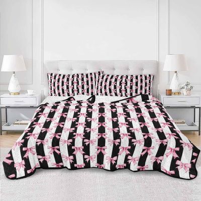Summer Quilts Twin XL Size, Lightweight Quilted Coverlet Cute Pink Bow Comforter Set for Bed, All Season Bedspreads Black White Striped Preppy Aesthetic Quilt Bedding with 2 Pillowcases 68x98 Inch