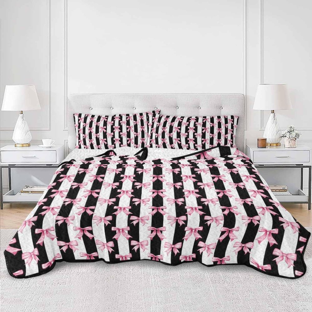 Summer Quilts Twin XL Size, Lightweight Quilted Coverlet Cute Pink Bow Comforter Set for Bed, All Season Bedspreads Black White Striped Preppy Aesthetic Quilt Bedding with 2 Pillowcases 68x98 Inch