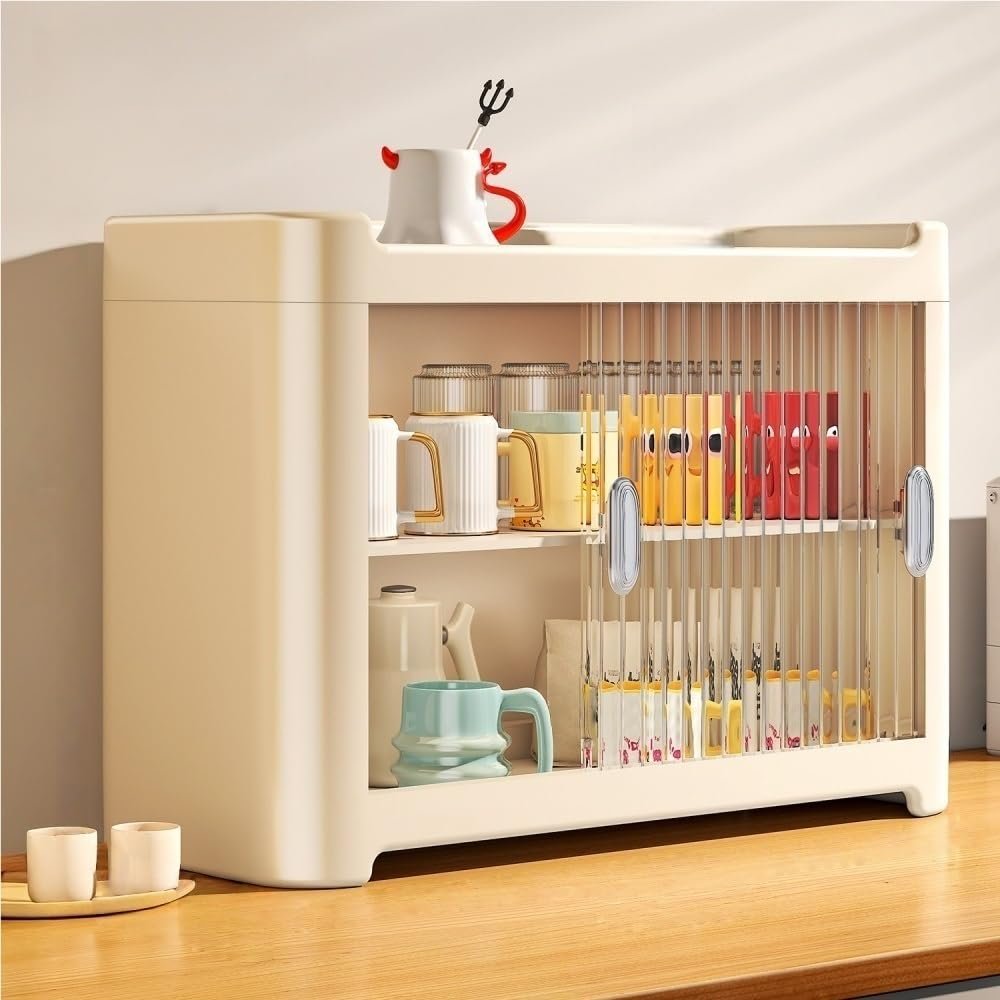 BSNRSNMFA Mug Cup Holder, Wine Glass Storage Rack, Plastic Display Cabinets, Countertop Rack with Transparent Door for Kitchen, Dining Room(White)