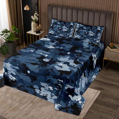 Pixelated Blocks Miners Kids Bedspread Queen Size,Army Caomo Military Video Games Coverlet Set,Girls Boys Room Decor,Camouflage Gamepad Modern Quilted Coverlet,Dark Blue Bedding Quilt,2 Pillowcases