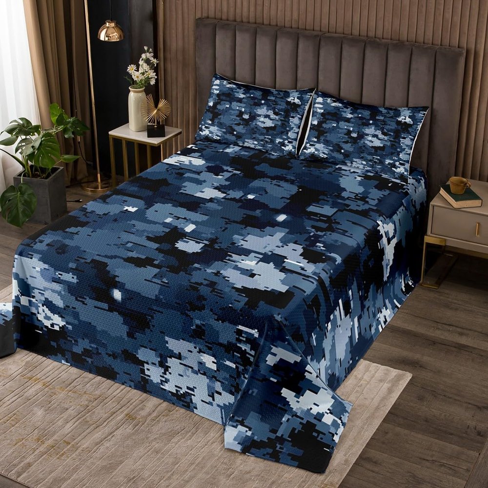Pixelated Blocks Miners Kids Bedspread Queen Size,Army Caomo Military Video Games Coverlet Set,Girls Boys Room Decor,Camouflage Gamepad Modern Quilted Coverlet,Dark Blue Bedding Quilt,2 Pillowcases