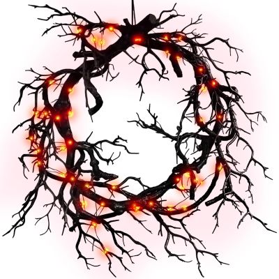 20IN Larger Glitter Black Branch Halloween Wreaths with Purple Lights, Handmade Halloween Black Branch Wreath with Lights, Halloween Wreath for Front Door (20IN Branch-Red Lights)