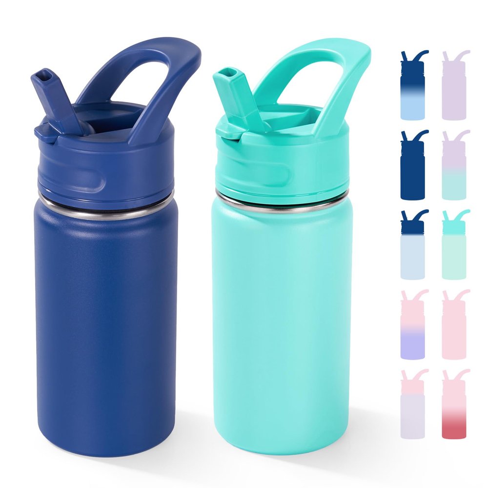 12oz Kids Water Bottle for School, Toddler Bottles with Straws, Stainless Steel Vacuum Insulated Water Bottle for Boys&Girls, Leak-Proof, BPA-Free, Blue + Green