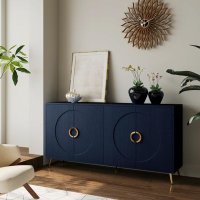 60 '' Large Buffet Cabinet with Storage, 4-Door Wood Sideboard with Unique Arc Handles and Adjustable Shelves, for Living Room, Entryway, Hallway, Office, Kitchen and Dining Room (Navy Blue-074)