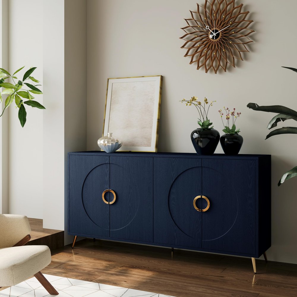 60 '' Large Buffet Cabinet with Storage, 4-Door Wood Sideboard with Unique Arc Handles and Adjustable Shelves, for Living Room, Entryway, Hallway, Office, Kitchen and Dining Room (Navy Blue-074)