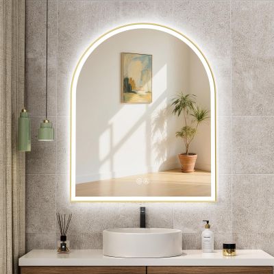 36''x30'' Arched LED Bathroom Mirror with Lights, Lighted Mirrors for Bathroom Wall, Anti-Fog, 3 Colors Dimmable, Memory Function, Backlit + Front Lit, Waterproof, Shatter-Proof, Golden Framed Arched