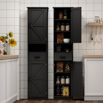 69" H Tall Bathroom Cabinet, Storage Cabinet with 2 Doors & Drawer, Pantry Cabinets with Open Space and Adjustable Shelves for Living Room, Entryway, Kitchen (Black)
