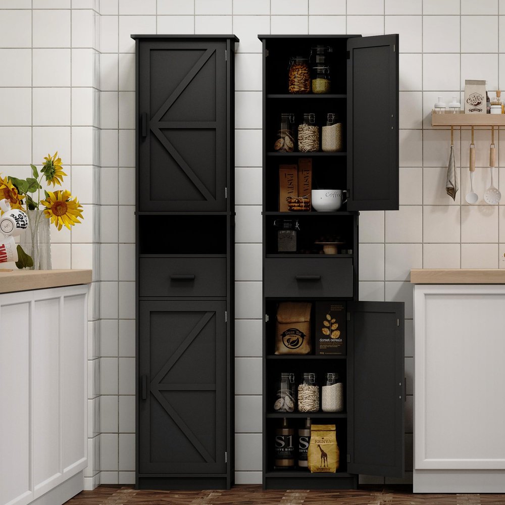 69" H Tall Bathroom Cabinet, Storage Cabinet with 2 Doors & Drawer, Pantry Cabinets with Open Space and Adjustable Shelves for Living Room, Entryway, Kitchen (Black)
