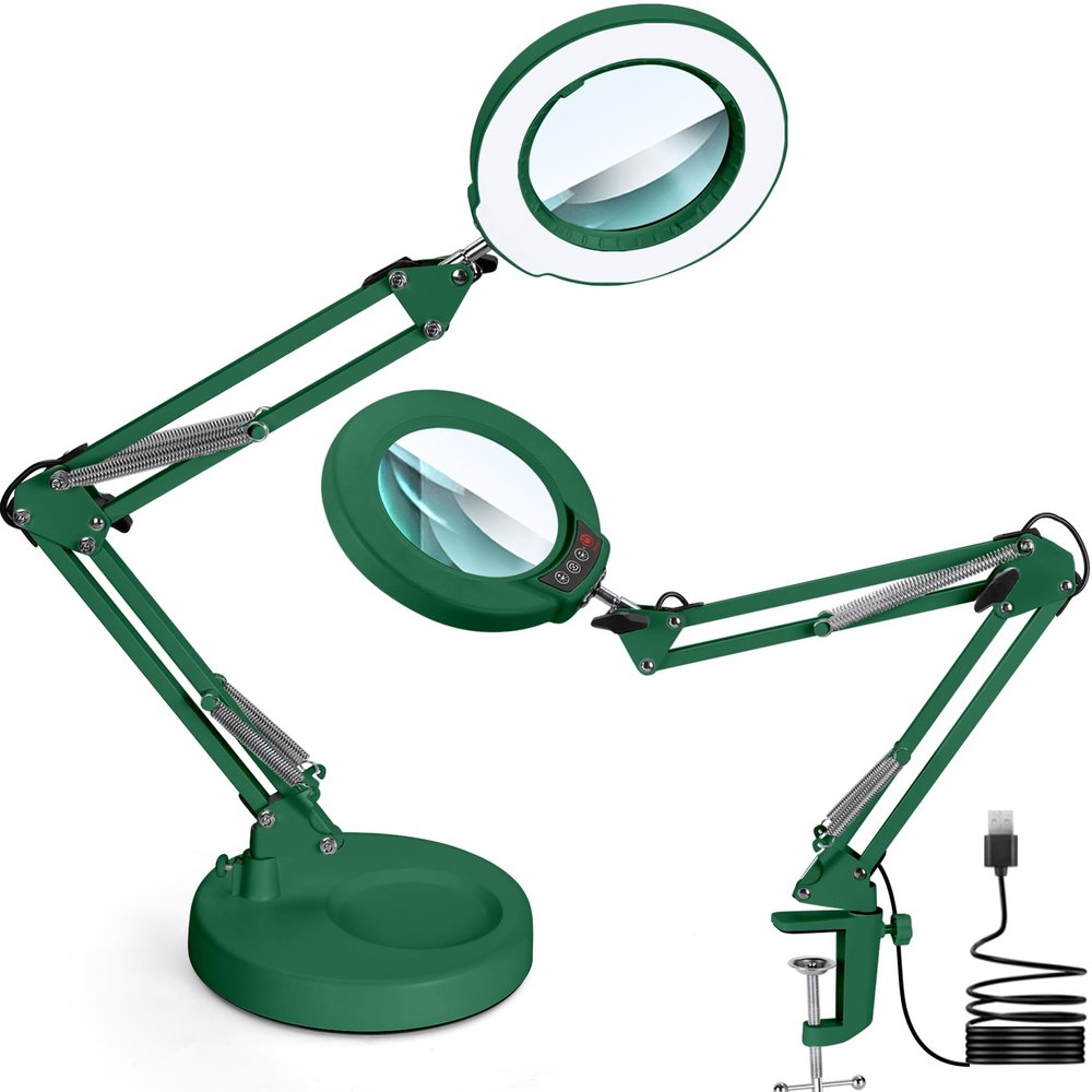 Krstlv 12X Magnifying Glass with Light and Stand, Upgrade Button 5 Color Modes Stepless Dimmable, 2-in-1 LED Lighted Magnifier Light, Hands Free Desk Lamp with Clamp for Craft Hobby Close Work - Green