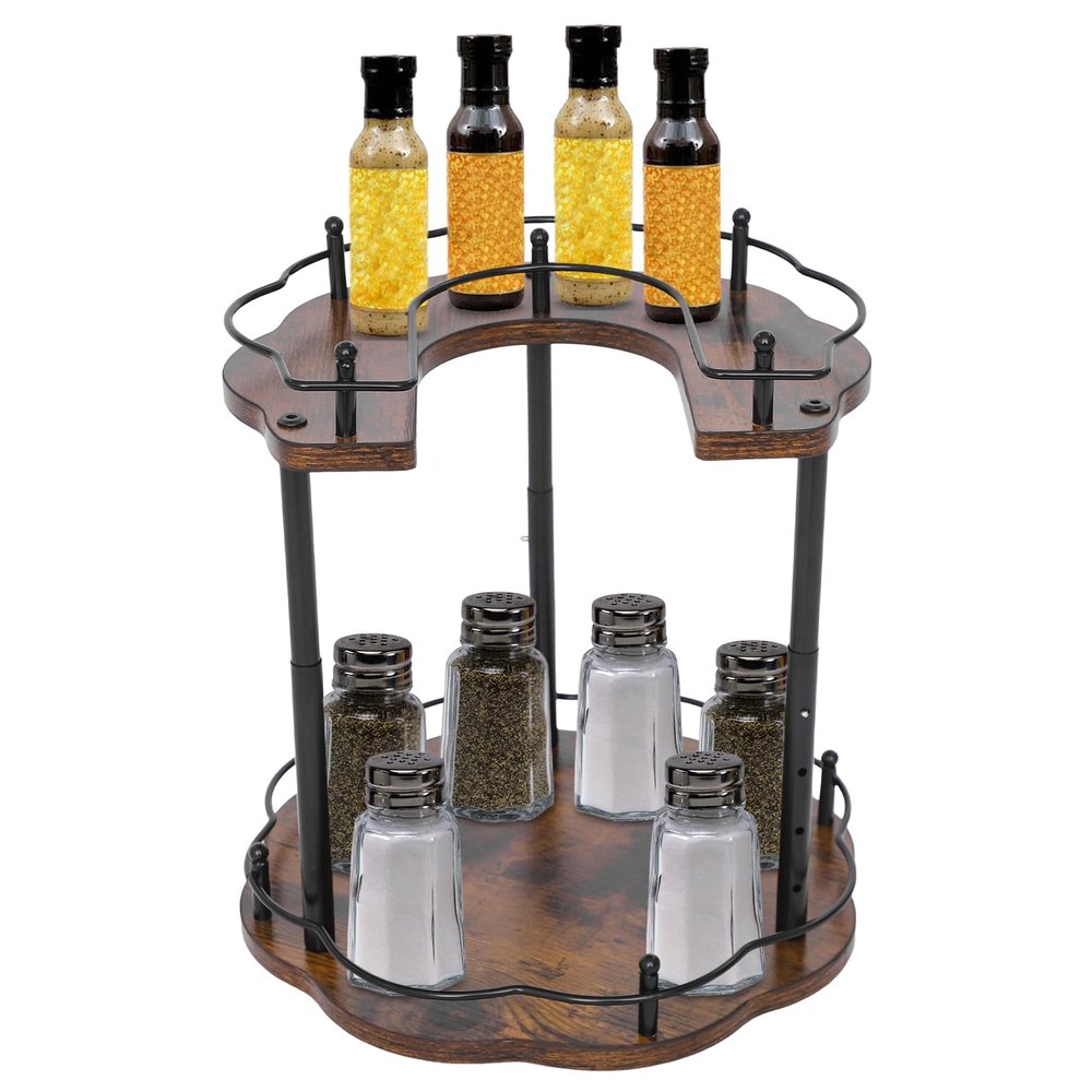 Mejuv 2-Tiers Spice Rack, Height Adjustable Lazy Susan, Retro Spice Organizer for Cabinet, 360 Rotating Carbon Steel Seasoning Turntable for Kitchen Pantry Restaurant
