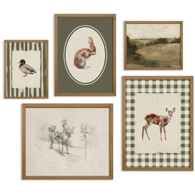 Vintage Nursery Wall Art Kids Canvas Poster Baby Boy Room Wall Decor Green Rabbit Wall Art Bunny Bird Prints Deer Picture Farmhouse Painting Nursery Artwork for Bedroom 12x16 Inch Wood Framed Set of 5