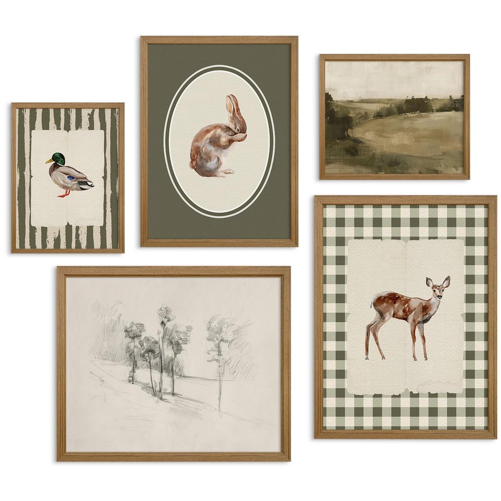 Vintage Nursery Wall Art Kids Canvas Poster Baby Boy Room Wall Decor Green Rabbit Wall Art Bunny Bird Prints Deer Picture Farmhouse Painting Nursery Artwork for Bedroom 12x16 Inch Wood Framed Set of 5