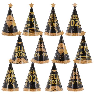 LOGOFUN 24pcs Happy New Year's Eve Party Cone Hats Bulk Photo Props Decorations for 2026 Celebration Birthday Events