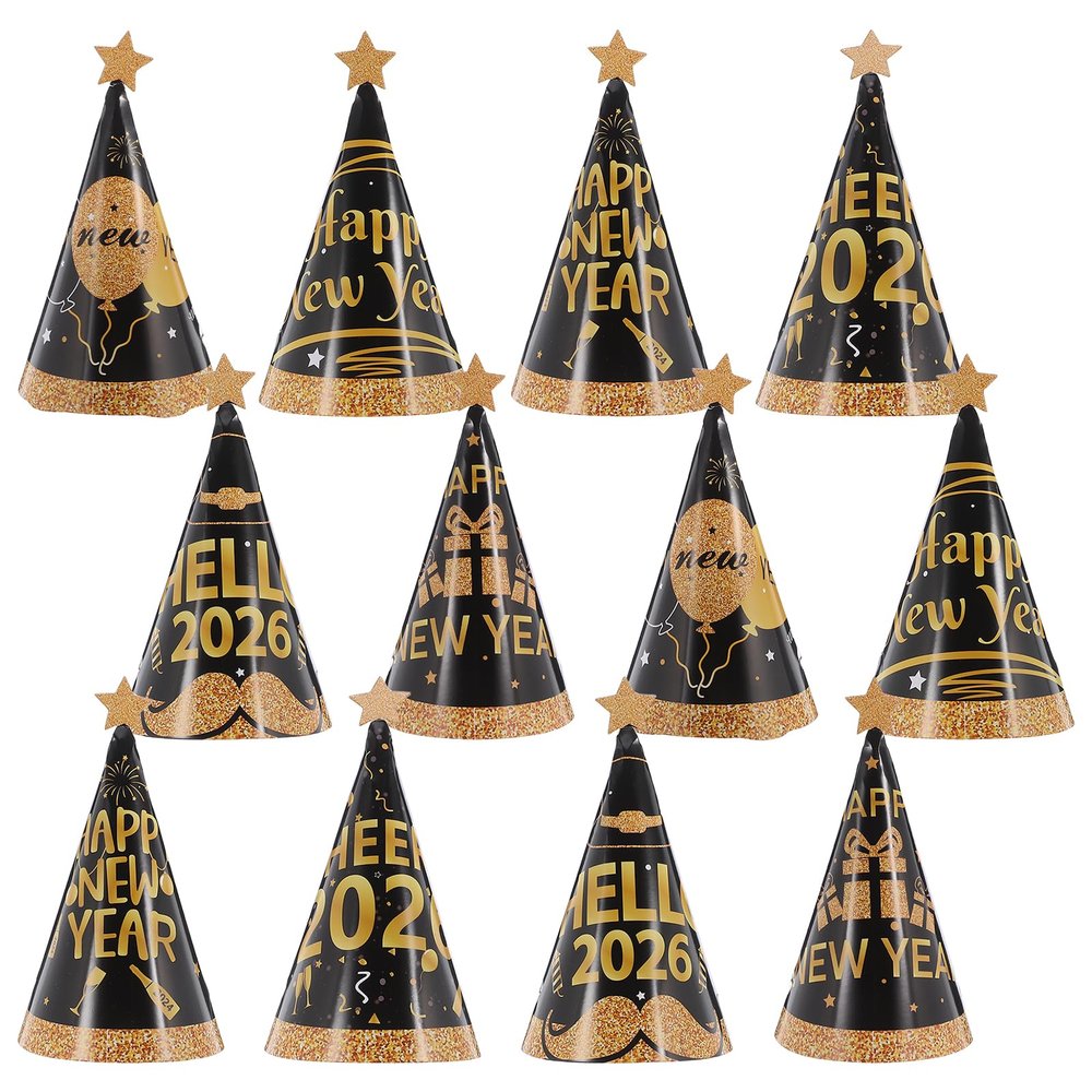 LOGOFUN 24pcs Happy New Year's Eve Party Cone Hats Bulk Photo Props Decorations for 2026 Celebration Birthday Events