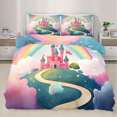 Pink Castle Duvet Cover California King Rainbow Moon Bedding Set Fairytale Style 3 Piece Bedding Set for Boys Girls Children Duvet Cover Room Decor Quilt Cover 3Pcs