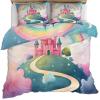 Pink Castle Duvet Cover California King Rainbow Moon Bedding Set Fairytale Style 3 Piece Bedding Set for Boys Girls Children Duvet Cover Room Decor Quilt Cover 3Pcs view 3