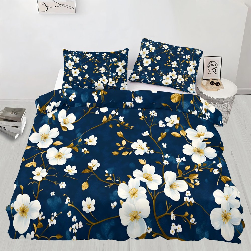 Romantic Flowers Bedding Set, Plants and Flowers Duvet Cover Queen, White and Blue Style Comforter Cover, Quilt Cover,Kids Teens Couple Adults Room Decor, Bedspreads Cover,2 Pillowcases(NO Comforter)