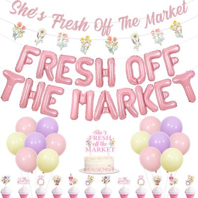 Balterever Fresh Off The Market Bridal Shower Decorations Pink Wildflower She is Fresh Off The Market Banner Garland Cupcake Cake Toppers for Adult Bridal Shower Bachelorette Wedding Party