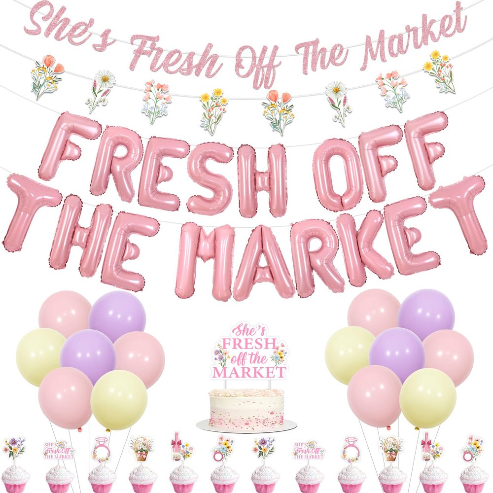 Balterever Fresh Off The Market Bridal Shower Decorations Pink Wildflower She is Fresh Off The Market Banner Garland Cupcake Cake Toppers for Adult Bridal Shower Bachelorette Wedding Party