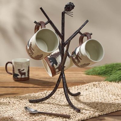 BLACK FOREST DECOR Pinecone Branch Metal Mug Rack  Rustic Aluminum Mug Holder with Pinecone & Branch Design  10x15 Inch Brown Kitchen Organizer & Display Stand