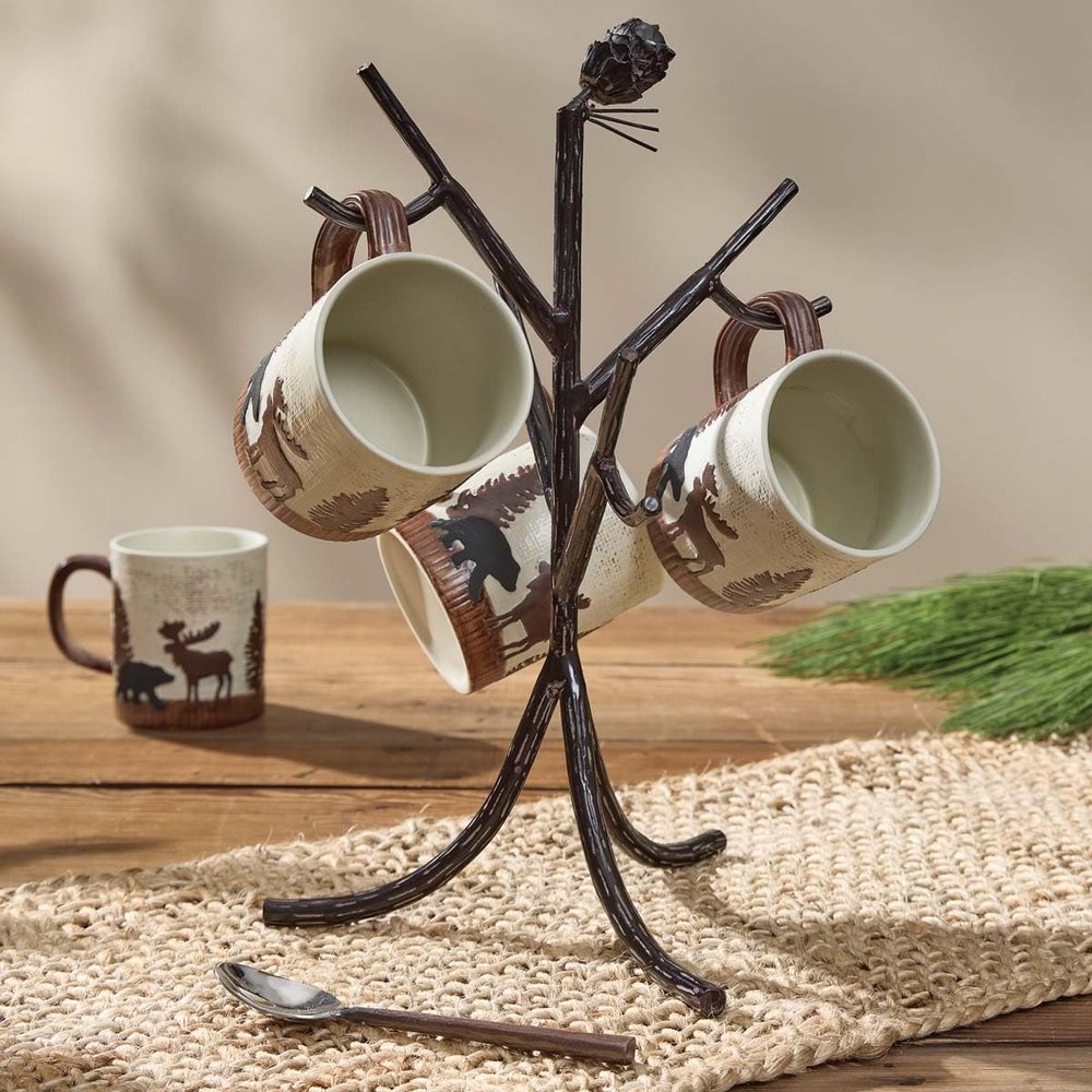 BLACK FOREST DECOR Pinecone Branch Metal Mug Rack  Rustic Aluminum Mug Holder with Pinecone & Branch Design  10x15 Inch Brown Kitchen Organizer & Display Stand
