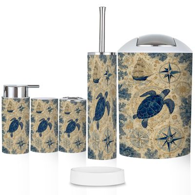 Bathroom Accessory Set 6 Piece Stormy Blue Watercolor Map Sea Turtle Toothbrush Cup Toothbrush Holder Soap Dispenser Soap Dish Trash Can with Lid Toilet Brush Holder Counter Decor