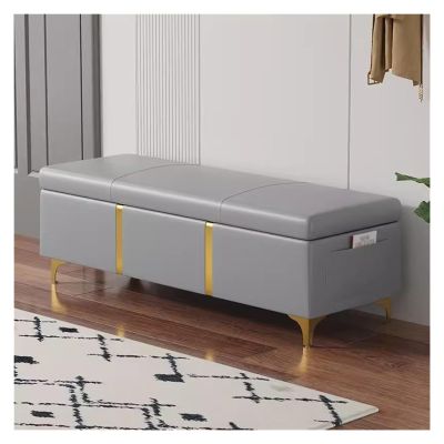 Junpllvic Faux Leather Ottoman Bench Sofa with Storage,Rectangular Extra Long Storage Bench for Bedroom and Living Room,End of Bed Foot Stool with Metal Leg (Color : Gray, Size : 120CM)