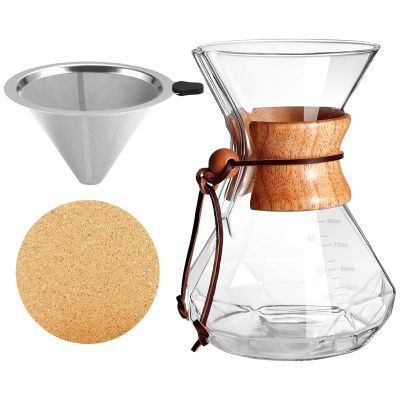 byepica Pour Over Coffee Maker Set, High Heat Resistant Glass, 800 Ml/27 Oz Capacity, Wooden Handle, Includes Stainless Steel Filter and 4 Coasters