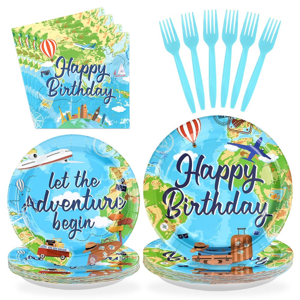 96Pcs Adventure Awaits Birthday Decorations Let The Adventure Begin Plates and Napkins Travel Theme Birthday Decor for Kids Boys World Map Graduation Travel Bday Baby Shower Party Supplies Serves 24