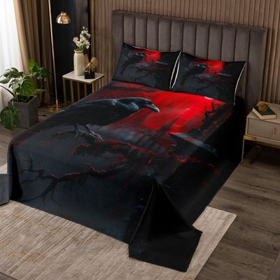 Erosebridal Halloween Crow Bedspread Sets for Kids Gothic Raven Quilt Set King Size Spooky Gothic Coverlet Set for Boys Teens Adult Bedroom Decor Red Moon Black Bedding Sets