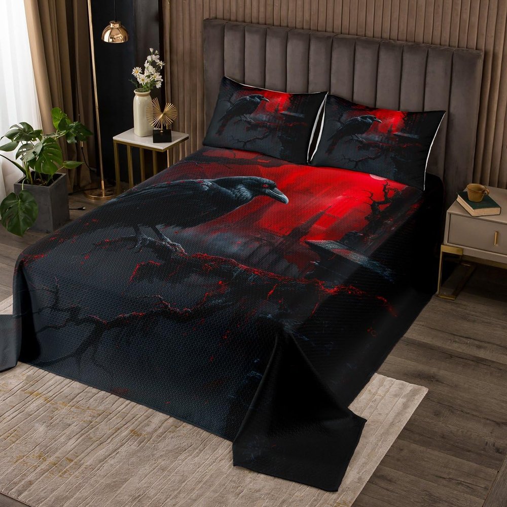 Erosebridal Halloween Crow Bedspread Sets for Kids Gothic Raven Quilt Set King Size Spooky Gothic Coverlet Set for Boys Teens Adult Bedroom Decor Red Moon Black Bedding Sets