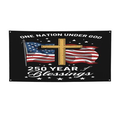 3x6 Ft 250 Years Anniversary Banner Sign One Nation Under God USA Patriotic Christian Cross Banners Yard Flag Signs for Outside Wall Decor