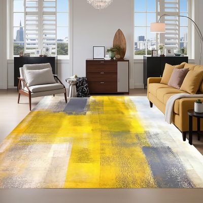 10x16 Washable Living Room Area Rug Aesthetic Modern Abstract Art Rug for Bedroom Diningroom Nursery Non Slip Carpet Neutral Stylish Guestroom Kitchen Stain Resistant Floor Mat Bright Yellow Gray