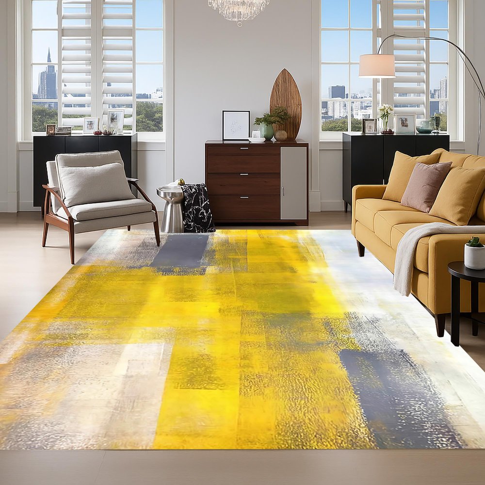 10x16 Washable Living Room Area Rug Aesthetic Modern Abstract Art Rug for Bedroom Diningroom Nursery Non Slip Carpet Neutral Stylish Guestroom Kitchen Stain Resistant Floor Mat Bright Yellow Gray