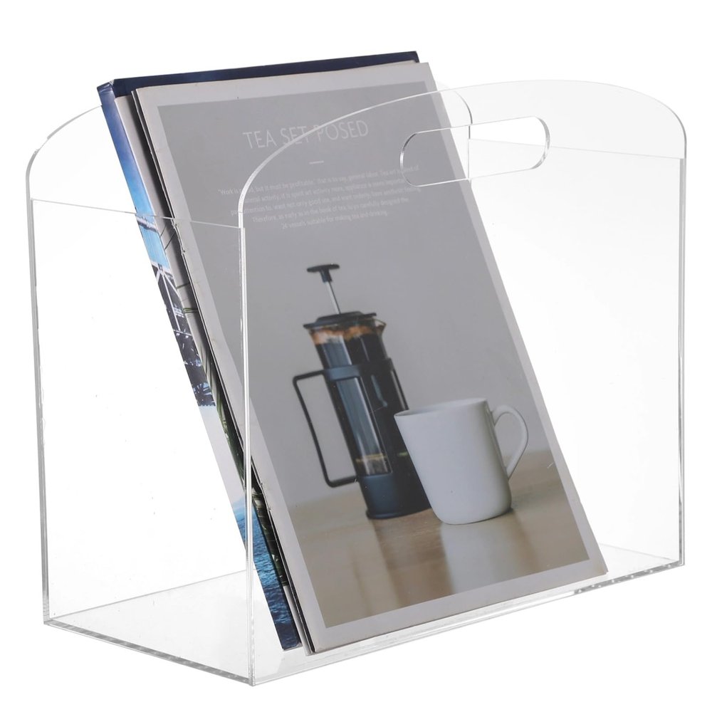 Kronabelle Modern Acrylic Magazine Organizer, Crystal Clear Holder with Convenient Handles, Standing File Storage Bin for Albums and Books, Supports Multiple Magazines