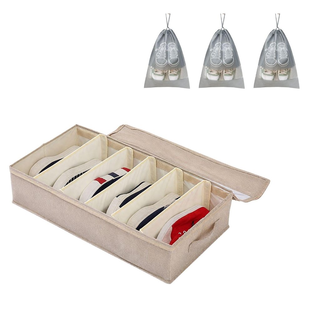 Foldable Shoe Organizer for Closet - 60x33x14cm Transparent Storage Box with Handles & Adjustable Dividers - Versatile Shoe Storage Solution(Beige,2 pack)
