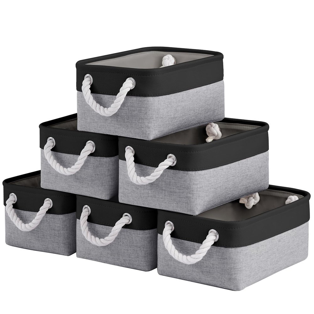 VQRTEXA Storage Baskets for Shelves 11.8x7.9x5.2 Inch, Foldable Fabric Storage Bins with Handles, Small Storage Baskets for Organizing Closet, Office, Home Organization (6-Pack, Black&Gray)