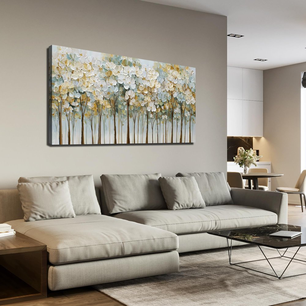 WVMAPTA Green and White Flower Poster Wall Decor for Bedroom Tree Canvas Wall Art for Dining Room Modern Prints Wall Art for Apartment Size 24 x 48 Inch