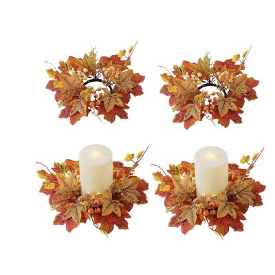 4pcs Fall Thanksgiving Candle Rings, 9.8Inch Maple Leaves Wreath Ring Holder Celebrates Harvest Day | Farmhouse Wreath for Festival Holiday Party Decoration